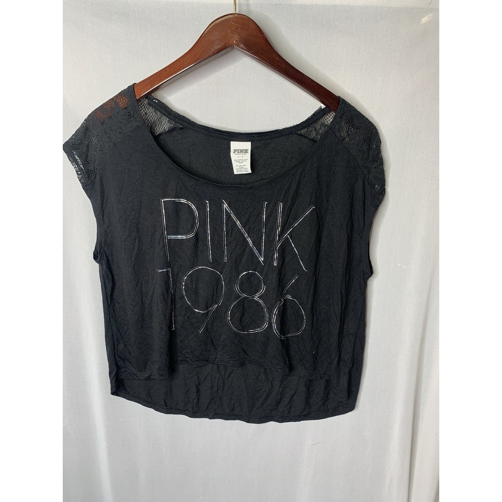 Women's L PINK Victorias Secret Black 1986 Lace Crop Top Y2K